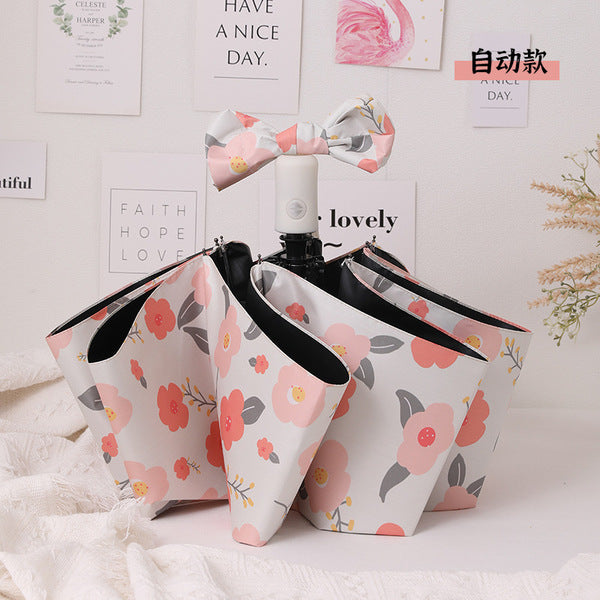 Buerxiang Oil Painted Automatic UV Protection Sun & Rain Umbrella-Peach Blossom