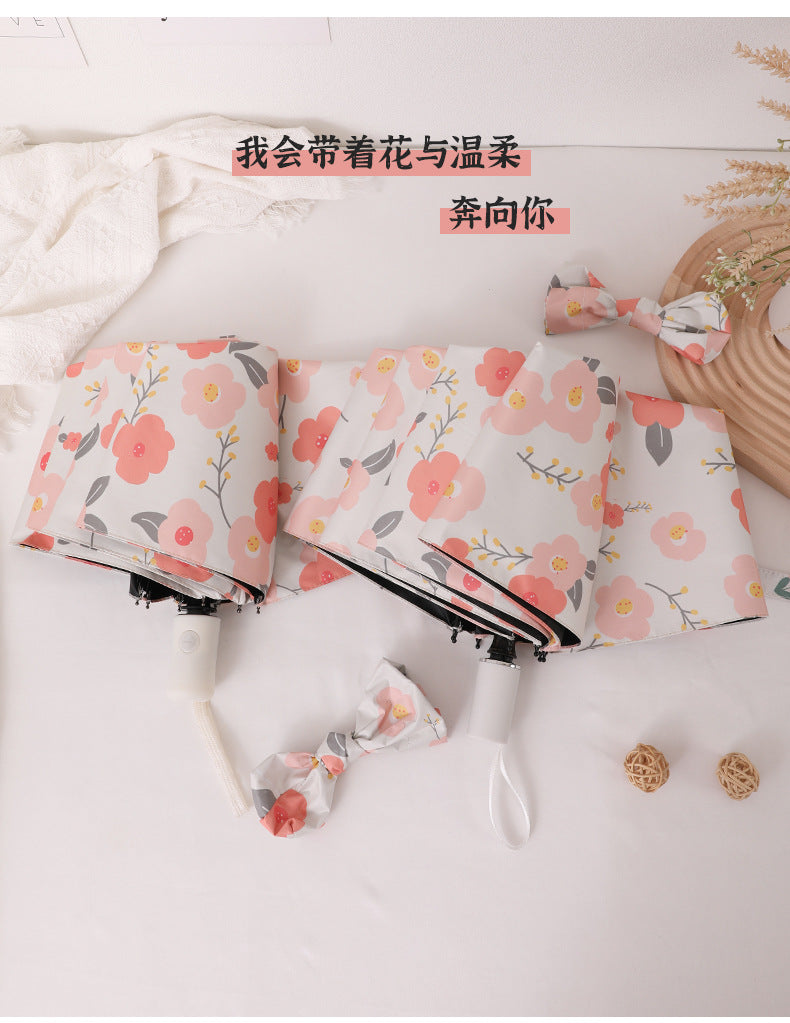 Buerxiang Oil Painted Automatic UV Protection Sun & Rain Umbrella-Peach Blossom