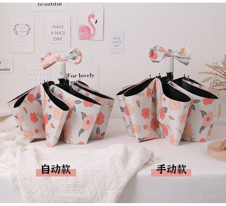 Buerxiang Oil Painted Automatic UV Protection Sun & Rain Umbrella-Peach Blossom