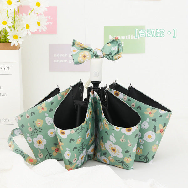 Buerxiang Oil Painted Automatic UV Protection Sun & Rain Umbrella-Green Flowers