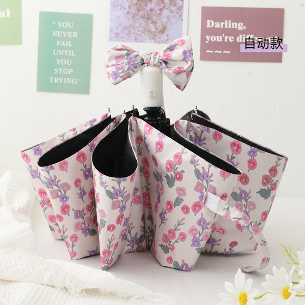 Buerxiang Oil Painted Automatic UV Protection Sun & Rain Umbrella-Pink & Purple Floral