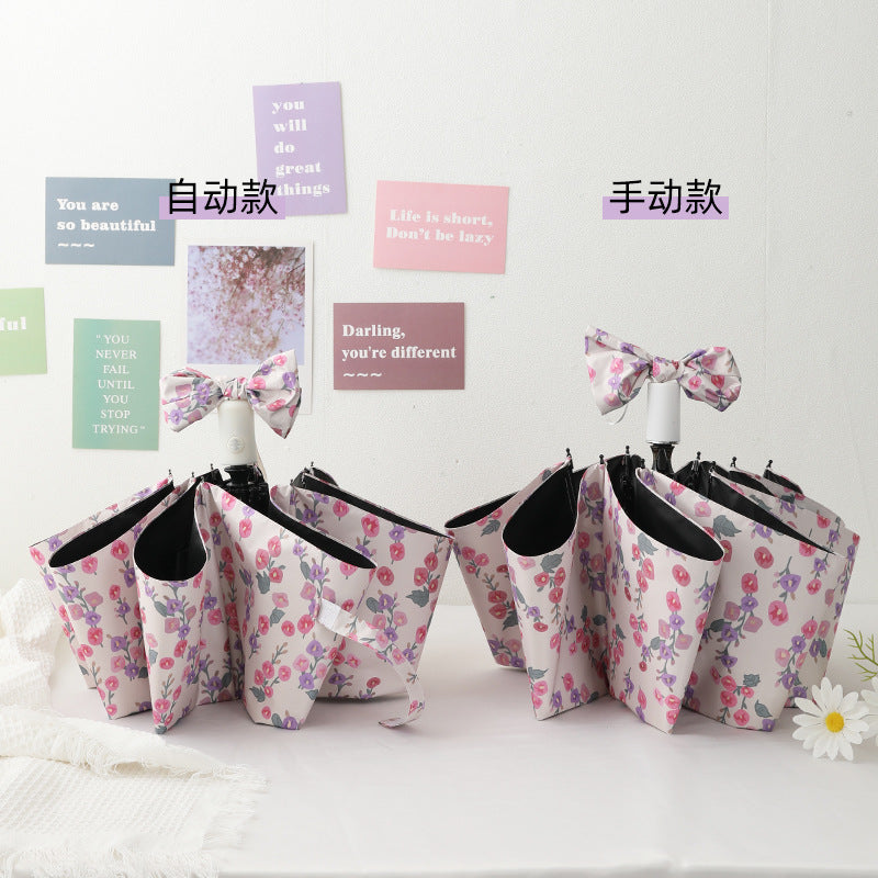 Buerxiang Oil Painted Automatic UV Protection Sun & Rain Umbrella-Pink & Purple Floral